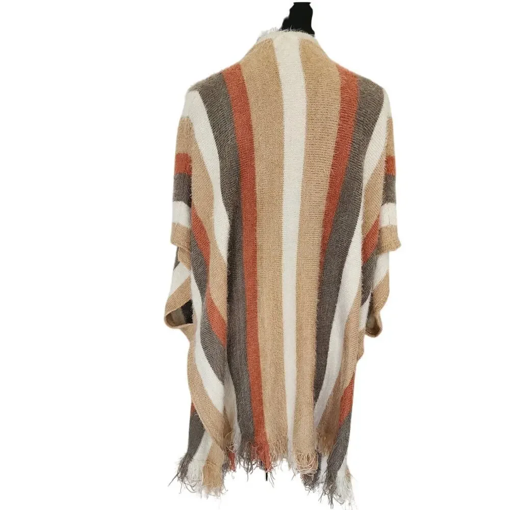 KORI America Womens S/M Striped Eyelash Fringe Boho Kimono Cardigan Sweater
